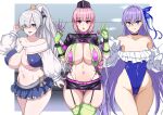  3girls anastasia_(fate) anastasia_(swimsuit_archer)_(fate) ass_visible_through_thighs bangs bare_shoulders belt bikini blue_bikini blue_choker blue_eyes blue_ribbon blue_skirt blush bow braid braided_ponytail breasts cameltoe choker cleavage collarbone commentary_request condom condom_packet_strip condom_wrapper eyebrows_visible_through_hair fate/grand_order fate_(series) florence_nightingale_(fate) florence_nightingale_(trick_or_treatment)_(fate) frills gloves green_bikini green_gloves green_legwear hair_bow hair_over_one_eye hair_ribbon hat highleg highleg_swimsuit highres holding holding_condom holding_syringe huge_breasts jewelry large_breasts layered_bikini licking_lips lipgloss long_hair long_sleeves looking_at_viewer meltryllis_(fate) meltryllis_(swimsuit_lancer)_(fate) microskirt miniskirt multiple_girls muta_poo navel necklace nurse nurse_cap off-shoulder_one-piece_swimsuit off_shoulder one-piece_swimsuit open_mouth pink_belt pink_hair ponytail puffy_long_sleeves puffy_sleeves purple_belt purple_bikini purple_hair red_eyes revealing_clothes ribbon rubber_gloves shrug_(clothing) side-tie_bikini silver_hair skirt sleeves_past_fingers sleeves_past_wrists small_breasts smile swimsuit syringe thighs tongue tongue_out very_long_hair white_ribbon 