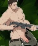  1boy abs ass bara beard belt blush brown_hair chris_redfield clothing_aside erection facial_hair feet_out_of_frame foreskin grey_male_underwear gun highres holding holding_gun holding_weapon large_pectorals male_focus male_underwear male_underwear_aside male_underwear_peek mature_male mugheyart multiple_sources muscular muscular_male nipples open_belt open_fly open_pants pants pectorals penis resident_evil resident_evil_5 short_hair solo stomach stubble topless_male uncensored underwear weapon 