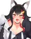  1girl animal_ear_fluff animal_ears bangs black_choker black_hair black_hoodie blush breasts choker cleavage collarbone coro1130 fang flipped_hair grey_hair hair_between_eyes hair_ornament hairclip highres hololive hood hoodie large_breasts long_hair looking_at_viewer low-tied_long_hair low_ponytail multicolored_hair ookami_mio open_mouth oral_invitation red_hair solo streaked_hair tongue tongue_out two-tone_hoodie very_long_hair virtual_youtuber white_hair white_hoodie wide_ponytail wolf_ears wolf_girl yellow_eyes 