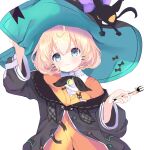  1girl black_cat black_headwear black_jacket blonde_hair blue_eyes bow cat english_commentary eyebrows_visible_through_hair fork hat hat_bow highres holding holding_fork jacket lucie_(millie_parfait) mashi_(mashimyu) millie_parfait nijisanji nijisanji_en off_shoulder orange_eyes orange_sweater purple_bow shirt smile solo sweater virtual_youtuber white_background white_shirt witch_hat 