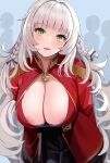  1girl areola_slip areolae azur_lane bangs black_skirt blunt_bangs blush braid breasts cleavage commentary_request epaulettes green_eyes jacket koukoku large_breasts long_hair long_sleeves looking_at_viewer nipple_slip nipples open_mouth parted_lips red_jacket silver_hair skirt smile solo twin_braids vittorio_veneto_(azur_lane) 