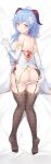  1girl absurdres ass back bare_shoulders blue_hair breasts brown_legwear china_dress chinese_clothes dakimakura_(medium) dress elbow_gloves frown ganyu_(genshin_impact) garter_belt genshin_impact gloves gold_trim highres large_breasts long_hair looking_at_viewer lying no_shoes on_back on_stomach panties panty_pull parted_lips purple_eyes shoulder_blades sleeveless sleeveless_dress solo string_panties thighhighs underwear white_dress white_gloves white_panties yansuiyuluo 