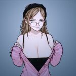  1girl blue_background breasts brown_hair camisole cardigan cleavage commentary_request glasses green_eyes hair_ornament hairclip highres large_breasts long_hair looking_at_viewer mouth_hold off_shoulder original rustle solo upper_body 