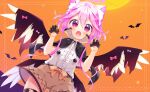  1girl :d animal_ear_fluff animal_ears aoi_yun bangs black_cape black_gloves black_legwear blush brown_shorts cape cat_ears center_frills claw_pose commentary_request dutch_angle eyebrows_visible_through_hair fangs feathered_wings frilled_cape frills gloves hair_between_eyes half_gloves halo hands_up long_hair looking_at_viewer orange_background original pink_cape pink_hair purple_eyes shirt short_shorts shorts smile solo thighhighs torn_clothes torn_legwear very_long_hair white_shirt white_wings wings 