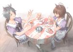  2girls agnes_tachyon_(umamusume) ahoge aqua_eyes bangs black_hair bow bowtie brown_eyes brown_footwear brown_hair checkered collarbone commentary_request creamer_packet cup doughnut ear_ornament food frilled_skirt frills fruit fuji_kiseki_(umamusume) highres horseshoe_ornament lemon lemon_slice loafers multicolored_hair multiple_girls one_eye_closed partial_commentary plate pleated_skirt puffy_short_sleeves puffy_sleeves purple_bow purple_bowtie purple_shirt sailor_collar sailor_shirt school_uniform shirt shoes short_hair short_sleeves sitting skirt spoon sprinkles sugar_cube summer_uniform tablecloth tea teacup teaspoon thighhighs tracen_school_uniform two-tone_hair umamusume white_hair white_legwear white_skirt wooden_floor yuhkiano 