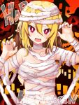  1girl alternate_costume alternate_hairstyle bandages blonde_hair breasts commentary_request cosplay demon_girl disgaea eyebrows_visible_through_hair halloween happy_halloween highres iwashi_dorobou_-r- looking_at_viewer makai_senki_disgaea_2 medium_breasts naked_bandage navel open_mouth pointy_ears red_eyes rozalin sidelocks slit_pupils solo 