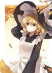  1girl absurdres alternate_hair_length alternate_hairstyle ameria_(artist) apron autumn_leaves black_dress blonde_hair blurry blurry_foreground bow braid dress eyebrows_visible_through_hair hat hat_bow highres kirisame_marisa long_sleeves looking_at_viewer parted_lips short_hair side_braid solo touhou white_apron white_bow witch_hat yellow_eyes 