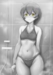  1girl arm_at_side arm_behind_back artist_name bangs bare_arms bare_shoulders blush breasts closed_mouth collarbone commentary_request cowboy_shot english_commentary greyscale groin hair_between_eyes halter_top halterneck highres holding holding_shower_head hoshizora_rin indoors looking_at_viewer love_live! love_live!_school_idol_project mixed-language_commentary monochrome navel nose_blush panties shadow shiny shiny_skin short_hair shower_(place) shower_head signature skindentation small_breasts smile solo sports_bra spot_color standing steam stomach thigh_gap tile_wall tiles underwear underwear_only unsfrau water_drop wet wet_clothes wide_hips yellow_eyes 