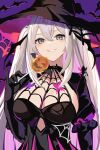  1girl absurdres black_dress black_eyes black_headwear breasts candy dress food grin halloween hat highres juliet_sleeves large_breasts lollipop long_sleeves original puffy_sleeves sidelocks smile solo takehana_note two_side_up upper_body white_hair witch witch_hat 