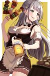  +_+ 1girl :q absurdres alcohol appo_(36786257) apron bangs beer beer_mug black_bow black_bowtie blunt_bangs blush border bow bowtie breasts cleavage closed_mouth corn cowboy_shot cup detached_collar detached_sleeves dirndl dress food food_on_face frilled_apron frilled_dress frills german_clothes hair_ornament highres holding holding_cup holding_food hololive large_breasts long_hair looking_to_the_side meat mug outside_border puffy_short_sleeves puffy_sleeves shirogane_noel short_sleeves silver_hair simple_background skewer smile solo sparkling_eyes tongue tongue_out v-shaped_eyebrows very_long_hair virtual_youtuber waist_apron white_apron white_border yellow_background 