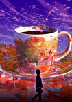 1other autumn autumn_leaves bag cloud cloudy_sky coffee coffee_mug commentary_request cup dawn fantasy fence flower_pot glowing handbag hat highres leaf little_pine maple_leaf mug nature original park plate scenery sign silhouette sky slide table tree wall 