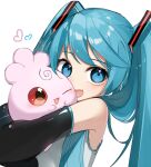  1girl ;d bangs bare_shoulders black_sleeves blue_eyes blue_hair commentary_request crossover detached_sleeves eyebrows_visible_through_hair hatsune_miku heart highres hug igglybuff long_hair long_sleeves looking_at_viewer one_eye_closed pokemon pokemon_(creature) red_eyes reirou_(chokoonnpu) shirt simple_background sleeveless sleeveless_shirt smile twintails upper_body vocaloid white_background white_shirt 