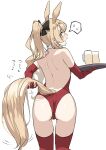  1girl alcohol alternate_costume animal_ears arknights arm_behind_back ass bangs beer beer_mug black_bow blemishine_(arknights) blush bow commentary_request cup elbow_gloves extra_ears from_behind gloves hair_bow head_tilt highres holding holding_tray horse_ears horse_girl horse_tail leotard long_hair looking_at_viewer looking_back mug open_mouth ponytail red_gloves red_leotard satsuki_neko simple_background solo spoken_sweatdrop sweat sweatdrop tail thighhighs tray white_background white_legwear yellow_eyes 