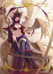  1girl angel_wings black_hair black_legwear blindfold breasts cleavage closed_mouth crossed_legs full_body hair_ornament highres large_breasts long_hair long_sleeves multiple_wings nagihana original revealing_clothes smile solo staff tattoo thighhighs wide_sleeves wings 