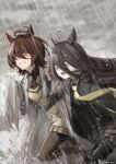  2girls absurdres agnes_tachyon_(umamusume) ahoge animal_ears belt black_coat black_gloves black_legwear black_necktie black_skirt blurry brown_eyes brown_legwear coat commentary_request depth_of_field gloves hair_between_eyes highres horse_ears horse_girl labcoat long_bangs long_hair long_sleeves manhattan_cafe_(umamusume) messy_hair miniskirt motion_blur multiple_girls necktie pantyhose partial_commentary rain running short_hair short_necktie signature skirt sleeves_past_fingers sleeves_past_wrists sweater twitter_username umamusume yellow_eyes yellow_sweater yuhkiano 