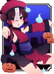 1girl alternate_costume alternate_hairstyle armpits arms_up bangs bare_shoulders belt black_dress blush border bow breasts brown_hair detached_sleeves double_bun dress eyebrows_visible_through_hair ghost gradient gradient_sky hair_ornament hair_tubes hakurei_reimu halloween halloween_costume hands_up hat highres leg_up long_sleeves looking_at_viewer medium_breasts night night_sky open_mouth paper pumpkin purple_belt red_bow red_eyes red_headwear red_sleeves red_tabard short_hair sky solo standing standing_on_one_leg tabard touhou white_border wide_sleeves you_(noanoamoemoe) 