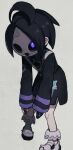  1boy ahoge allister_(pokemon) bangs black_hair collared_shirt gloves grey_background highres himawari_(kawaisounaedesu) hunched_over knees long_sleeves looking_at_viewer male_focus mask partially_fingerless_gloves pokemon pokemon_(game) pokemon_swsh purple_eyes shirt shoes short_hair shorts simple_background single_glove solo standing suspender_shorts suspenders 