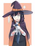  1girl asashio_(kancolle) black_hair black_headwear black_skirt blue_eyes border broken cape commentary_request eyebrows_visible_through_hair fake_tail gloves hair_between_eyes halloween halloween_costume hat highres holding holding_tail implied_object_insertion kantai_collection long_hair long_sleeves open_mouth pleated_skirt shirt skirt solo speech_bubble suspender_skirt suspenders tail translated tsusshi white_border white_gloves white_shirt witch_hat 