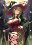  1girl :q alternate_costume bat breasts broom commentary_request covered_navel fingernails flower full_moon gradient_hair green_eyes green_hair halloween halloween_costume hand_on_hip highres holding holding_broom kobayashi-san_chi_no_maidragon kuromasu large_breasts long_hair looking_at_viewer lucoa_(maidragon) moon multicolored_hair multicolored_nails nail_polish night night_sky purple_flower purple_nails purple_rose red_nails rose sky solo tongue tongue_out 