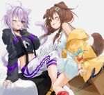  2girls ;p ahoge animal_ear_fluff animal_ears bangs black_choker black_hoodie blush bone_hair_ornament box bracelet braid breasts brown_eyes brown_hair cat_ears cat_girl cat_tail choker commentary_request cropped_hoodie dog_ears dog_girl dog_tail dress fang from_side gotou_(nekocat) hair_between_eyes hair_ornament highres hololive hood hood_down hoodie inugami_korone jacket jewelry kneehighs long_hair long_sleeves midriff multiple_girls nail_polish navel nekomata_okayu off_shoulder one_eye_closed onigiri_print open_clothes open_jacket pants print_hoodie purple_eyes purple_hair purple_nails red_legwear shoes signature simple_background sitting sleeves_past_wrists tail tongue tongue_out translated twin_braids virtual_youtuber white_background white_dress white_pants yellow_footwear yellow_jacket yellow_nails 