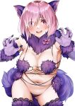  1girl absurdres animal_ears bangs bare_shoulders blush bow breasts cleavage elbow_gloves fate/grand_order fate_(series) fur-trimmed_gloves fur-trimmed_legwear fur_collar fur_trim gloves hair_over_one_eye highres lace-trimmed_legwear lace_trim large_breasts len_(hand_linke) light_purple_hair looking_at_viewer mash_kyrielight mash_kyrielight_(dangerous_beast) navel o-ring open_mouth purple_eyes purple_gloves purple_legwear purple_tail revealing_clothes short_hair smile solo tail wolf_ears wolf_tail 