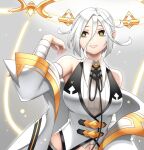  1girl bangs bare_shoulders breasts collared_shirt dragalia_lost halo large_breasts looking_to_the_side medium_hair nurufufufu power_symbol-shaped_pupils sandalphon_(dragalia_lost) shirt smile upper_body white_hair 