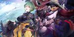  2girls armor artist_request beach bikini bikini_top black_bikini black_hair chinese_commentary clothes_around_waist collar commentary_request de_lacey_(girls&#039;_frontline_nc) girls&#039;_frontline girls&#039;_frontline_neural_cloud gloves green_hair hatsuchiri_(girls&#039;_frontline_nc) highres holding holding_staff jacket jacket_around_waist key_necklace long_sleeves looking_at_viewer metal_collar mole mole_under_mouth multicolored_eyes multiple_girls navel official_art open_clothes open_mouth short_hair shoulder_armor smile staff swimsuit tentacles upside-down yellow_jacket 