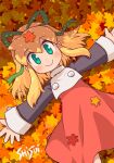 1girl artist_name autumn_leaves bangs blonde_hair closed_mouth commentary_request dress green_eyes green_ribbon hair_ribbon leaf leaf_background leaf_on_head long_hair long_sleeves looking_at_viewer lying mega_man_(classic) mega_man_(series) on_back outstretched_arms ponytail red_dress ribbon roll_(mega_man) shisui smile solo spread_arms upper_body 