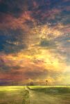  bench cloud cloudy_sky commentary_request door fence field grass highres house mks no_humans original road road_sign rural scenery sign sky sunset tree window 