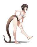  1girl :p arknights barefoot blue_eyes breasts brown_hair camisole collarbone commentary eunectes_(arknights) full_body hair_ornament highres jason_kim looking_at_viewer medium_breasts navel pointy_ears short_hair simple_background snake_tail solo tail tongue tongue_out white_background 