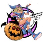  1girl arm_up bare_shoulders blonde_hair blue_footwear blue_headwear blush boots breasts choker cleavage dark_magician_girl duel_monster ghost halloween hat heart heart_choker holding holding_wand jack-o&#039;-lantern leg_up long_hair looking_at_viewer protected_link pumpkin red_eyes signature smile solo takahashi_kazuki wand wizard_hat yu-gi-oh! yu-gi-oh!_duel_monsters 
