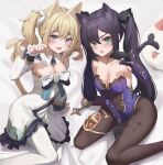  2girls absurdres animal_ear_fluff animal_ears barbara_(genshin_impact) black_hair blonde_hair blue_eyes blue_leotard blush bow breasts cat_ears cat_tail cleavage collarbone commentary_request covered_navel detached_collar detached_sleeves dress eyebrows_visible_through_hair feet_out_of_frame frills genshin_impact gold_trim green_eyes hair_ribbon hand_up highres korean_commentary leotard long_hair looking_at_viewer medium_breasts mona_(genshin_impact) multiple_girls open_mouth pantyhose paw_pose pharamacom ribbon sitting smile sparkle_print tail thighlet twintails very_long_hair wariza white_dress white_legwear yokozuwari 
