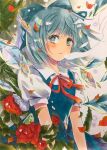  1girl bangs blue_dress blue_eyes blue_hair blurry blush bow bowtie bush cirno collar collared_shirt crystal dress eyebrows_visible_through_hair eyes_visible_through_hair flower hair_between_eyes ice ice_wings leaf looking_to_the_side marker_(medium) open_mouth petals red_bow red_bowtie red_flower rose shirt short_hair short_sleeves simple_background solo touhou traditional_media white_background white_shirt wings yuzugoori 