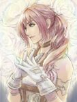  1girl blue_eyes choker closed_mouth final_fantasy final_fantasy_xiii final_fantasy_xiii-2 gloves long_hair noie_(neunteedelstein) pink_hair serah_farron side_ponytail smile solo 