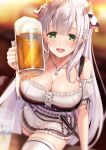  1girl :d absurdres alcohol animal_ears apron bangs beer beer_mug black_dress blurry blurry_background blush breasts character_name cleavage collared_shirt cow_ears cow_horns cup depth_of_field detached_sleeves dirndl dress eyebrows_visible_through_hair frilled_dress frilled_sleeves frills german_clothes green_eyes hair_ornament highres holding holding_cup hololive horns kamishiro_mai_(capti-no) large_breasts long_hair looking_at_viewer mug on_table puffy_short_sleeves puffy_sleeves shirogane_noel shirt short_dress short_sleeves silver_hair smile solo table thighhighs very_long_hair virtual_youtuber waist_apron white_apron white_legwear 