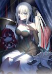  1girl bangs bare_shoulders black_bow black_dress blue_eyes blush bow braid breasts bridal_gauntlets cleavage collarbone detached_sleeves dress fairy_knight_tristan_(fate) fate/grand_order fate_(series) french_braid grey_hair habetrot_(fate) hair_bow highres large_breasts long_hair looking_at_viewer mishiro_(ixtlolton) morgan_le_fay_(fate) ponytail sidelocks stuffed_toy thighs two-tone_dress very_long_hair white_dress woodwose_(fate) 