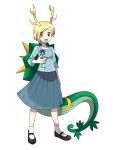  absurdres asatsuki_(fgfff) black_footwear blonde_hair blue_shirt blue_sky breasts dragon_girl dragon_tail full_body highres horns kicchou_yachie mary_janes medium_skirt open_mouth parody pleated_skirt pokemon red_eyes serperior shirt shoes short_hair simple_background skirt sky small_breasts standing style_parody sugimori_ken_(style) tail touhou turtle_shell turtonator white_background white_legwear xerneas 