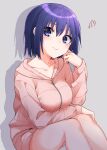  1girl bangs blue_eyes blue_hair blush breasts ciel_(tsukihime) closed_mouth collarbone commentary_request eyebrows_visible_through_hair full-length_zipper grey_background hair_between_eyes highres hood hood_down hooded_sweater long_sleeves looking_at_viewer medium_breasts pink_sweater shadow short_hair sitting solo sweater tanka_kikurage thighs tsukihime tsukihime_(remake) zipper 