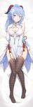  1girl absurdres ahoge bare_shoulders blue_hair breasts brown_legwear china_dress chinese_clothes cleavage cleavage_cutout clothing_cutout dakimakura_(medium) dress elbow_gloves full_body ganyu_(genshin_impact) garter_belt genshin_impact gloves goat_horns hand_up heart_cutout highres horns large_breasts long_hair looking_at_viewer lying no_shoes on_back pelvic_curtain purple_eyes sideboob sleeveless sleeveless_dress smile solo thighhighs thighs white_dress white_gloves yansuiyuluo 