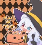  1girl animal_ears argyle argyle_background arknights bangs bear_ears black_headwear black_jacket blue_eyes blue_hair candy candy_cane candy_corn commentary english_commentary eyebrows_visible_through_hair food hair_between_eyes halloween_bucket hat heterochromia holding jack-o&#039;-lantern jacket kurotofu long_hair long_sleeves multicolored_hair red_eyes rosa_(arknights) short_eyebrows silver_hair sleeves_past_wrists solo streaked_hair thick_eyebrows trick_or_treat very_long_hair wide_sleeves witch_hat 