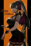  1girl alternate_costume black_dress black_nails breasts cleavage delsaber demon_tail demon_wings dress earrings english_text fake_horns fire_emblem fire_emblem:_the_blazing_blade green_eyes green_hair halloween halloween_costume highres horns jewelry lace-trimmed_legwear lace_trim large_breasts long_hair lyn_(fire_emblem) open_mouth ponytail tail very_long_hair wings 