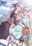  2girls absurdres animal_ears apron ass blue_eyes breasts detached_sleeves extra_ears gloves halloween halloween_bucket highres holding_hands jack-o&#039;-lantern kotori_photobomb kuromori_(1010845110) large_breasts long_hair long_ribbon maid multiple_girls original puffy_detached_sleeves puffy_sleeves silver_hair twintails very_long_hair waist_apron white_apron white_gloves 