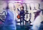  1girl absurdres amplifier bangs black_footwear blurry blurry_foreground brown_eyes brown_hair chromatic_aberration closed_mouth clothing_request commentary_request electric_guitar eyebrows_visible_through_hair full_body graffiti guitar hair_ornament hairclip headphones headphones_around_neck highres hirasawa_yui holding holding_instrument instrument jacket k-on! light_blush light_smile looking_at_viewer medium_hair microphone microphone_stand motion_blur outdoors short_hair solo_focus standing verse 