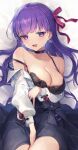  1girl bangs bare_shoulders bb_(fate) bb_(fate/extra) blush breasts cleavage collarbone commentary_request dakimakura_(medium) fate/extra fate/extra_ccc fate_(series) hair_ribbon large_breasts long_hair looking_at_viewer open_mouth purple_eyes purple_hair red_ribbon ribbon smile solo very_long_hair vivi_(eve_no_hakoniwa) 