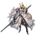  1girl animal_ear_fluff animal_ears arknights armor bangs blonde_hair breasts dress eyebrows_visible_through_hair full_body greaves hair_between_eyes hand_up headset highres holding holding_polearm holding_weapon large_tail long_hair looking_at_viewer medium_breasts nearl_(arknights) nearl_the_radiant_knight_(arknights) official_alternate_costume official_art polearm ryuuzaki_ichi smile solo spear standing tail transparent_background very_long_hair weapon white_dress yellow_eyes 