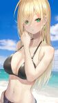  1girl :o bangs bare_arms beach bikini bikini_top black_bikini blonde_hair blue_sky blush breasts cleavage cloud day denim earrings green_eyes hair_between_eyes hand_up highres isegawa_yasutaka jewelry kotona_matome large_breasts long_hair looking_at_viewer navel open_mouth original revision sky solo straight_hair strap_gap swimsuit upper_body very_long_hair 