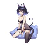  1girl absurdres ahoge animal_ear_fluff animal_ears asymmetrical_legwear bangs bell benghuai_xueyuan black_bra black_hair black_legwear black_panties blue_eyes blue_hair bra breasts cat_ears cat_tail choker cleavage closed_mouth collarbone full_body highres honkai_(series) honkai_impact_3rd lingerie looking_at_viewer mismatched_legwear neck_bell panties pillow seele_vollerei shanyao_jiang_tororo short_hair simple_background sitting smile solo strap_slip tail tattoo underwear wariza white_background 