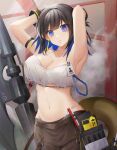  1girl arknights arm_strap armpits arms_up bangs bare_shoulders black_hair blue_eyes blue_hair breasts camisole cleavage collarbone commentary cowboy_shot crop_top eunectes_(arknights) eunectes_(forgemaster)_(arknights) eyebrows_visible_through_hair head_tilt highres large_breasts looking_at_viewer midriff multicolored_hair navel official_alternate_costume ryu.o short_hair snake_tail solo spaghetti_strap standing stomach tail 