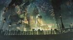  6+others bridge building castle commentary_request creature fantasy fen_fen_fen_fen fireworks hat highres lamppost multiple_others night night_sky original partial_commentary plant scenery sky staff tree witch witch_hat wizard wizard_hat 