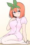  1girl bangs blue_eyes blush breasts brown_background closed_mouth commentary dress eyebrows_behind_hair go-toubun_no_hanayome green_ribbon hair_between_eyes hair_ribbon hand_up hat kujou_karasuma looking_at_viewer medium_breasts nakano_yotsuba no_shoes nurse_cap orange_hair pantyhose pink_dress puffy_short_sleeves puffy_sleeves ribbon short_sleeves signature sitting solo wariza white_legwear 